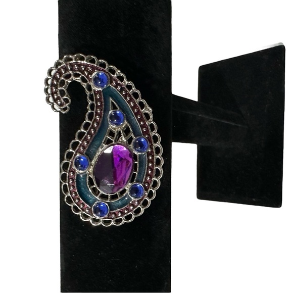 Silver-Toned Teardrop Brooch with 6 Blue Stones & 1 Large Purple Stone No Marks - Picture 2 of 6